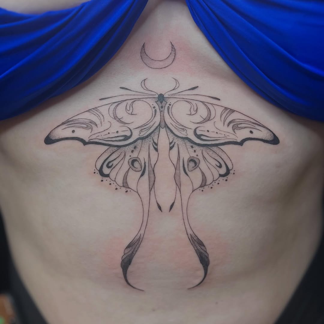 Moth and crescent moon fine line tattoo on the ribs by 🌸Lilac🌸