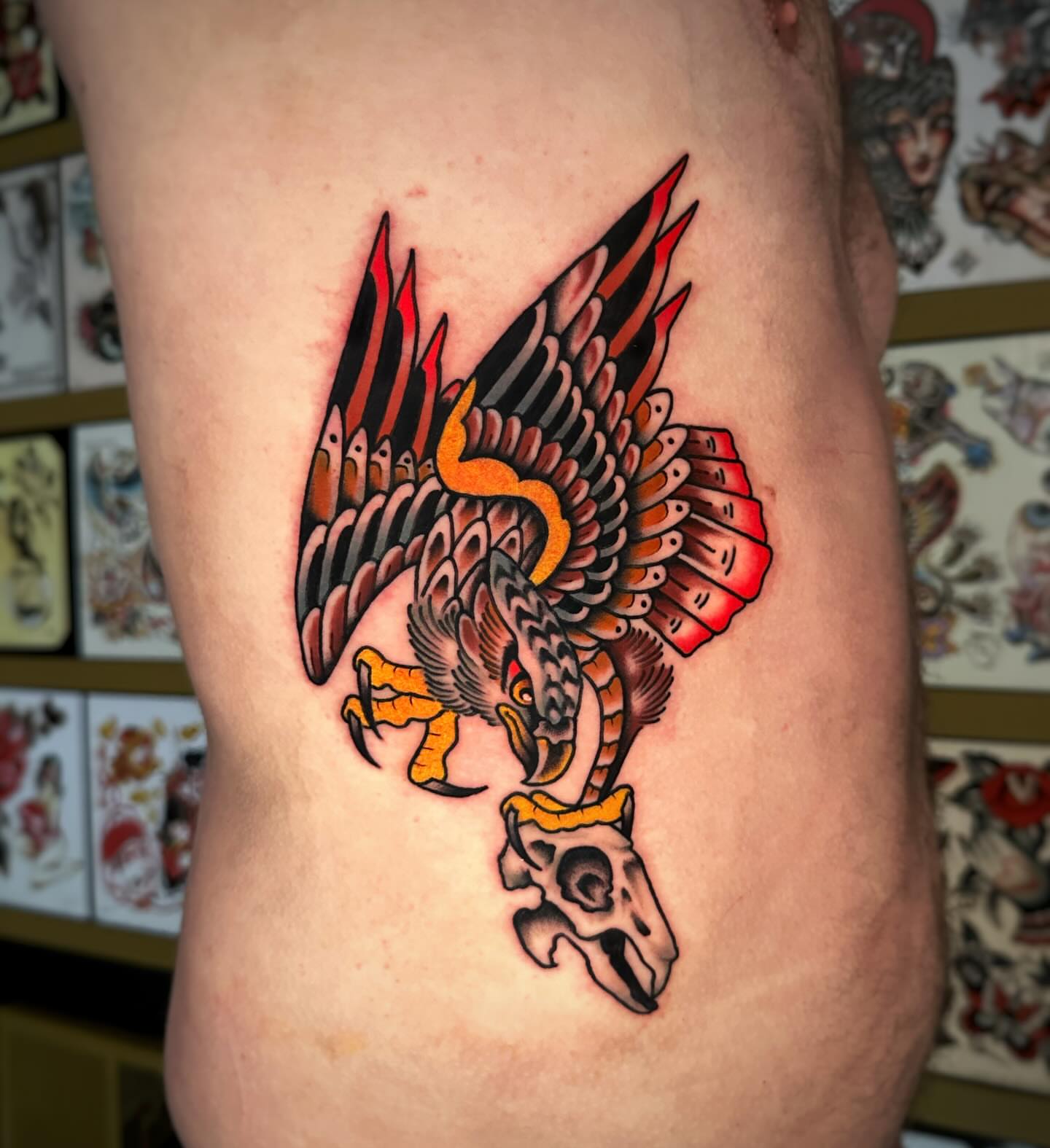 Eagle and skull American traditional tattoo on the thigh by Alex Finnerty, Reading, Massachusetts