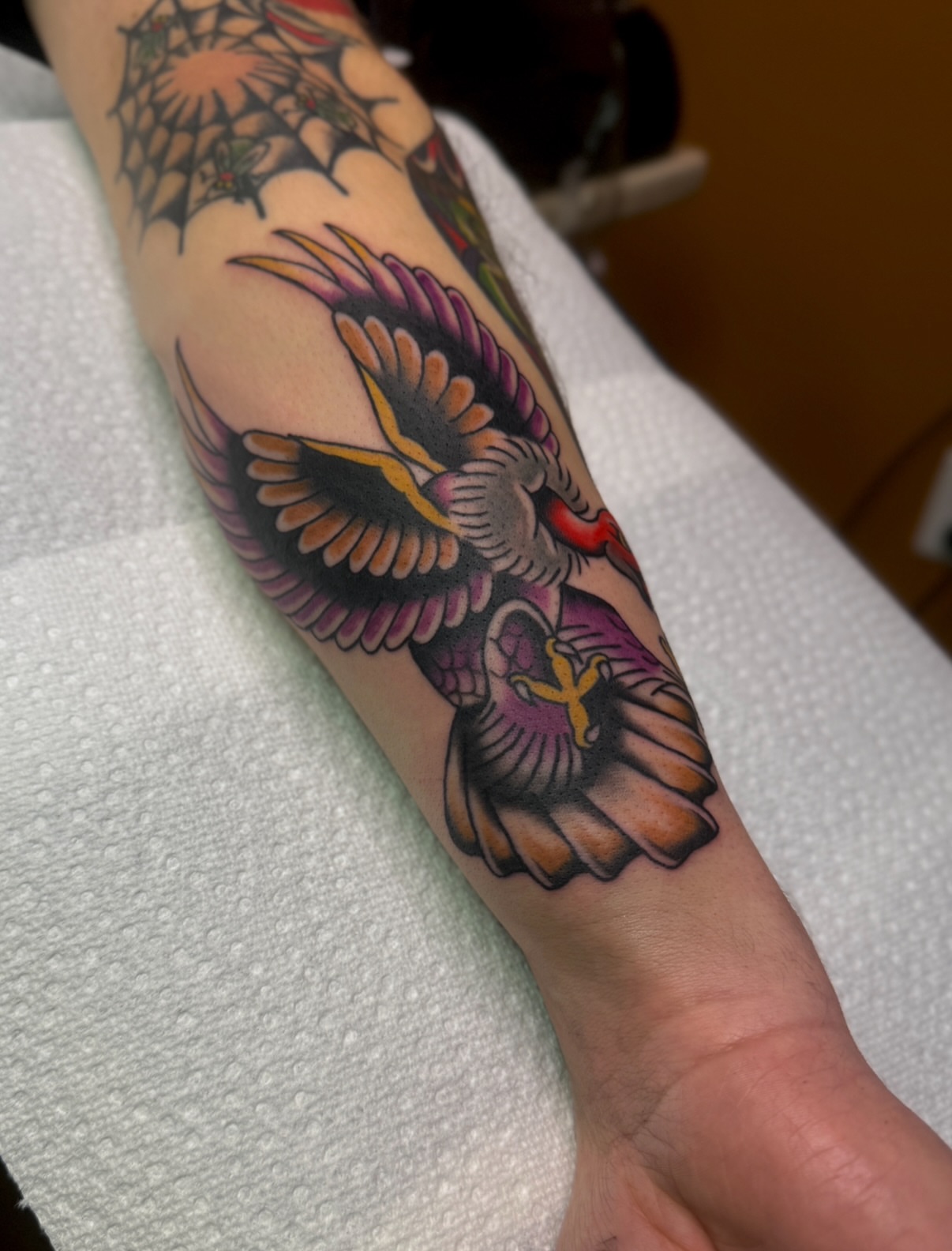 Bird American traditional tattoo on the forearm by Ethan, Toledo, Ohio