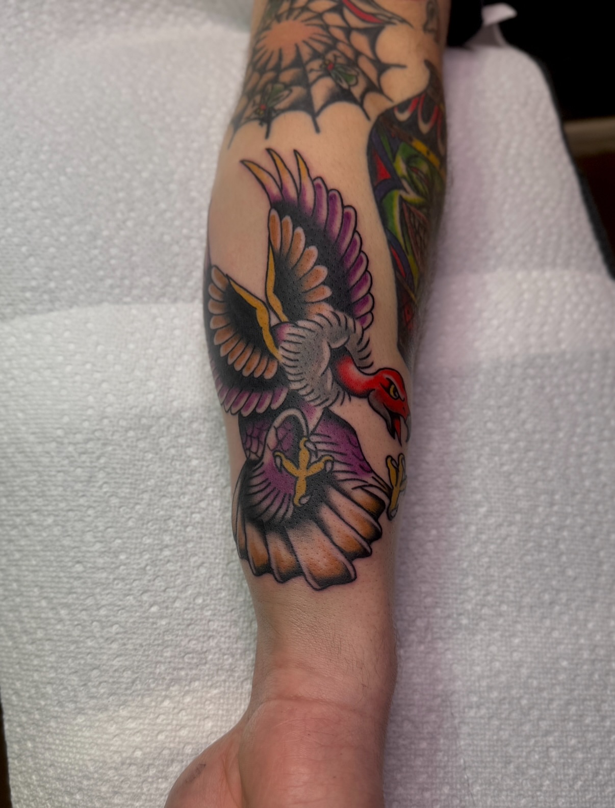 Bird American traditional tattoo on the forearm by Ethan, Toledo, Ohio