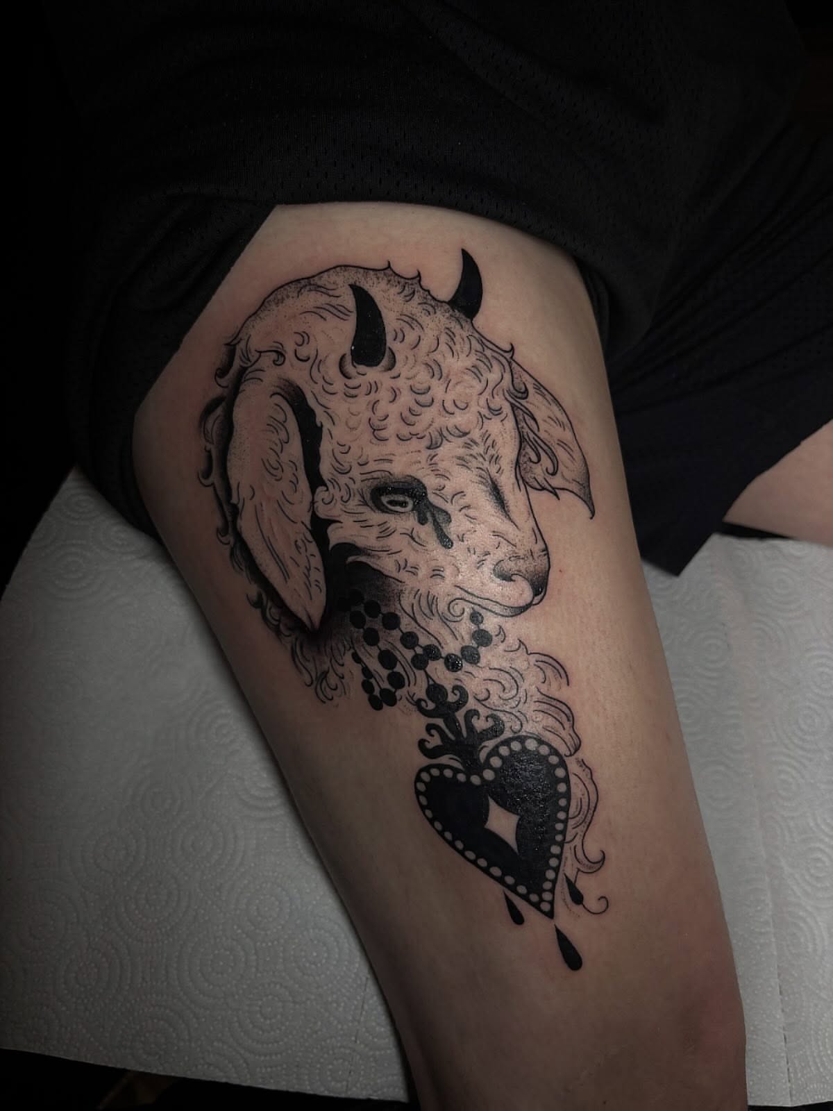 Ram head dotwork tattoo on the thigh by Grace L