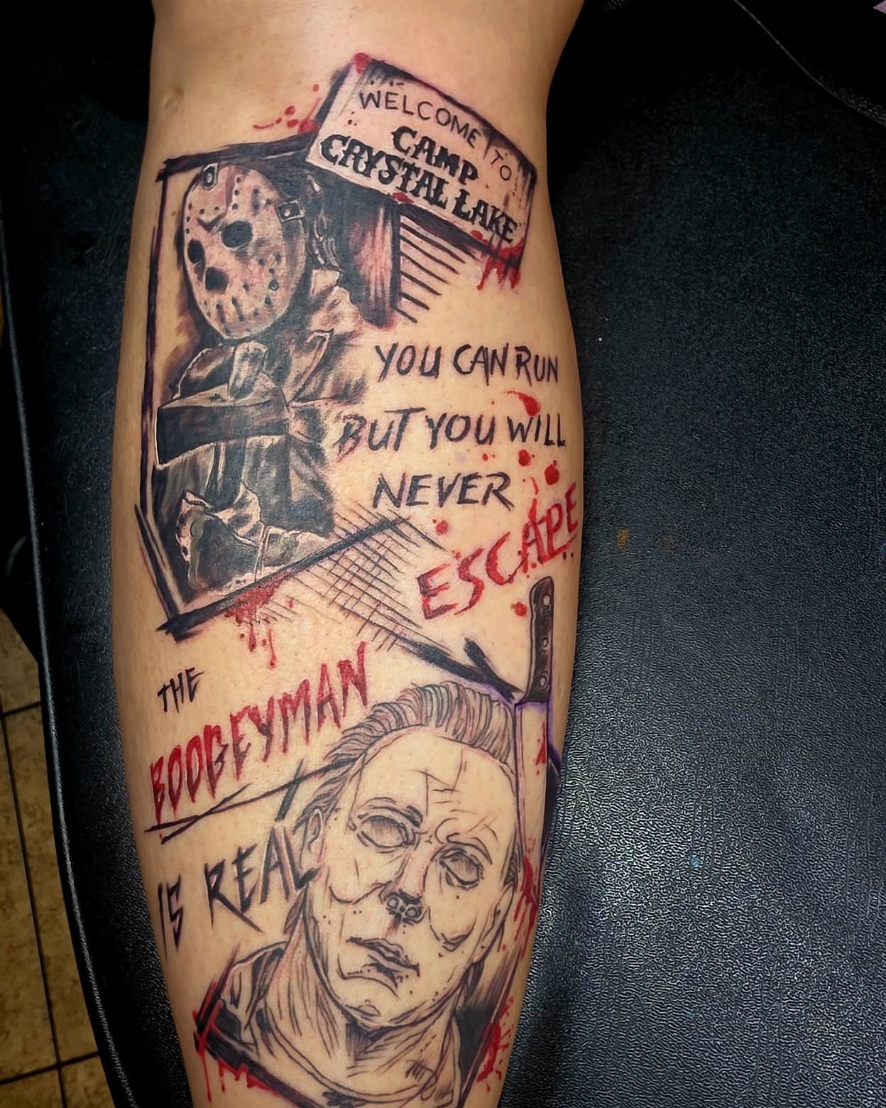 Horror movie characters realism tattoo on the forearm by Jessica DarkRabbit