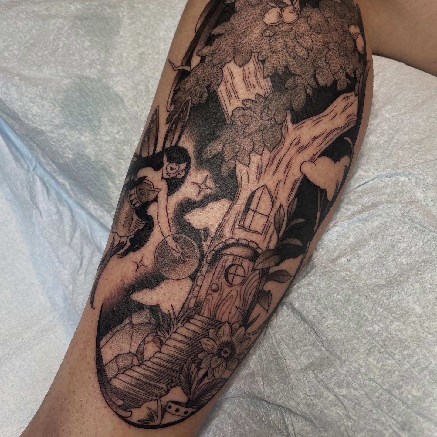 Fairy and treehouse dotwork tattoo on the forearm by Reagan Mauldin