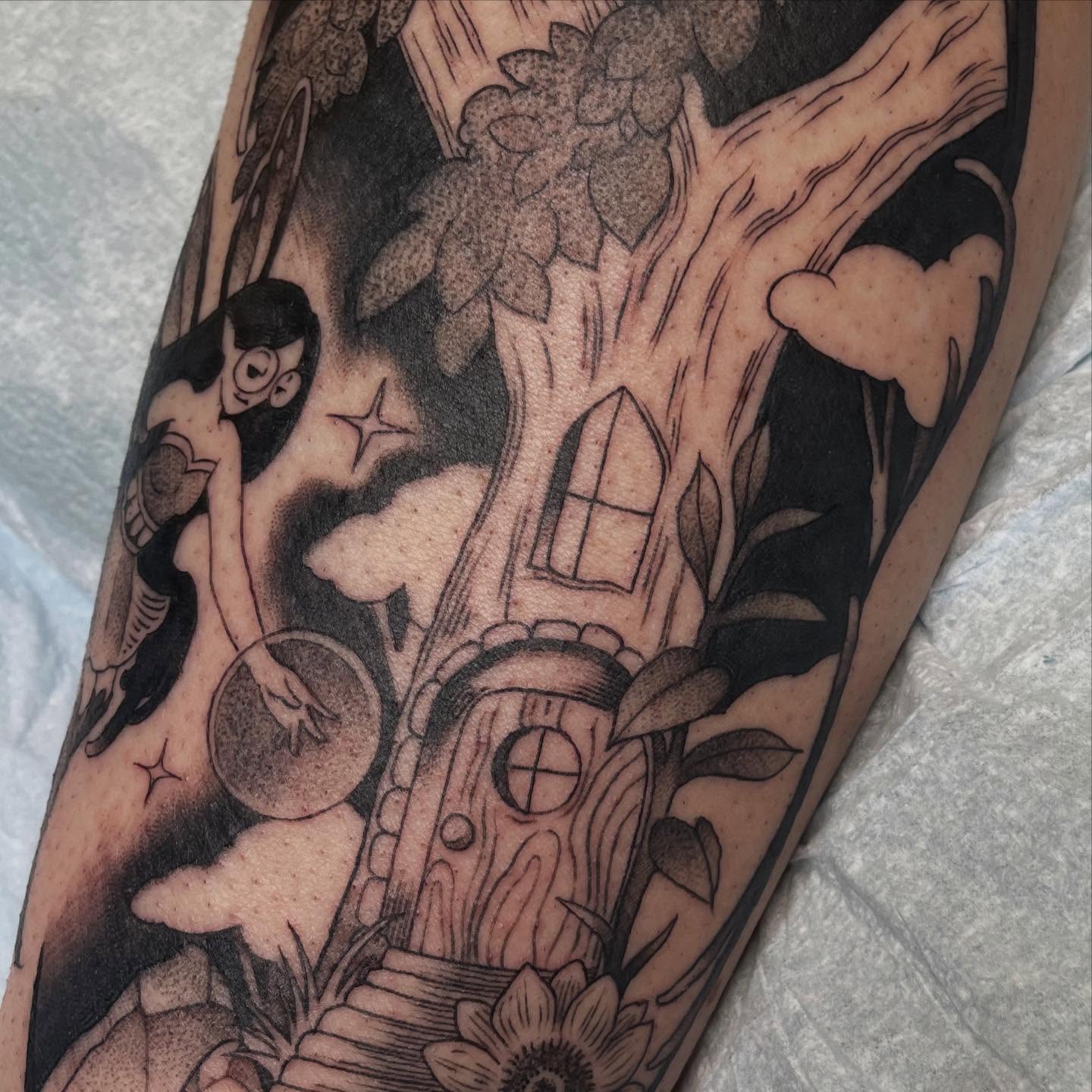 Forest house and woman American traditional tattoo on the forearm by Reagan Mauldin