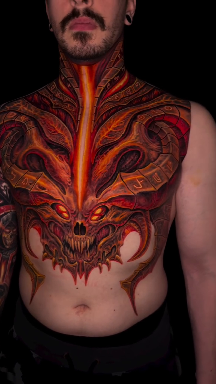 Demonic creature with mechanical elements dark realism tattoo by Jamie Lee Parker
