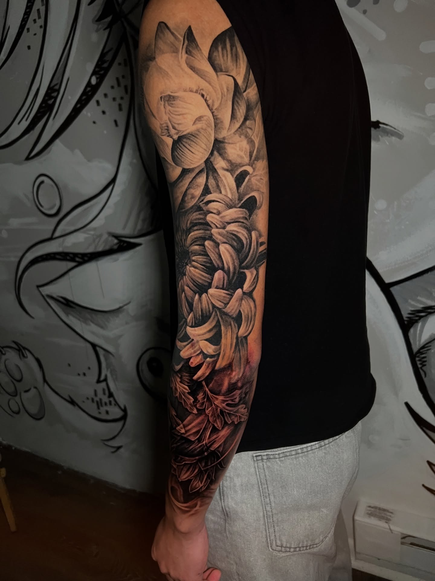 Chrysanthemum black and grey tattoo on the forearm by Irina Shapiro, Somerville, Massachusetts