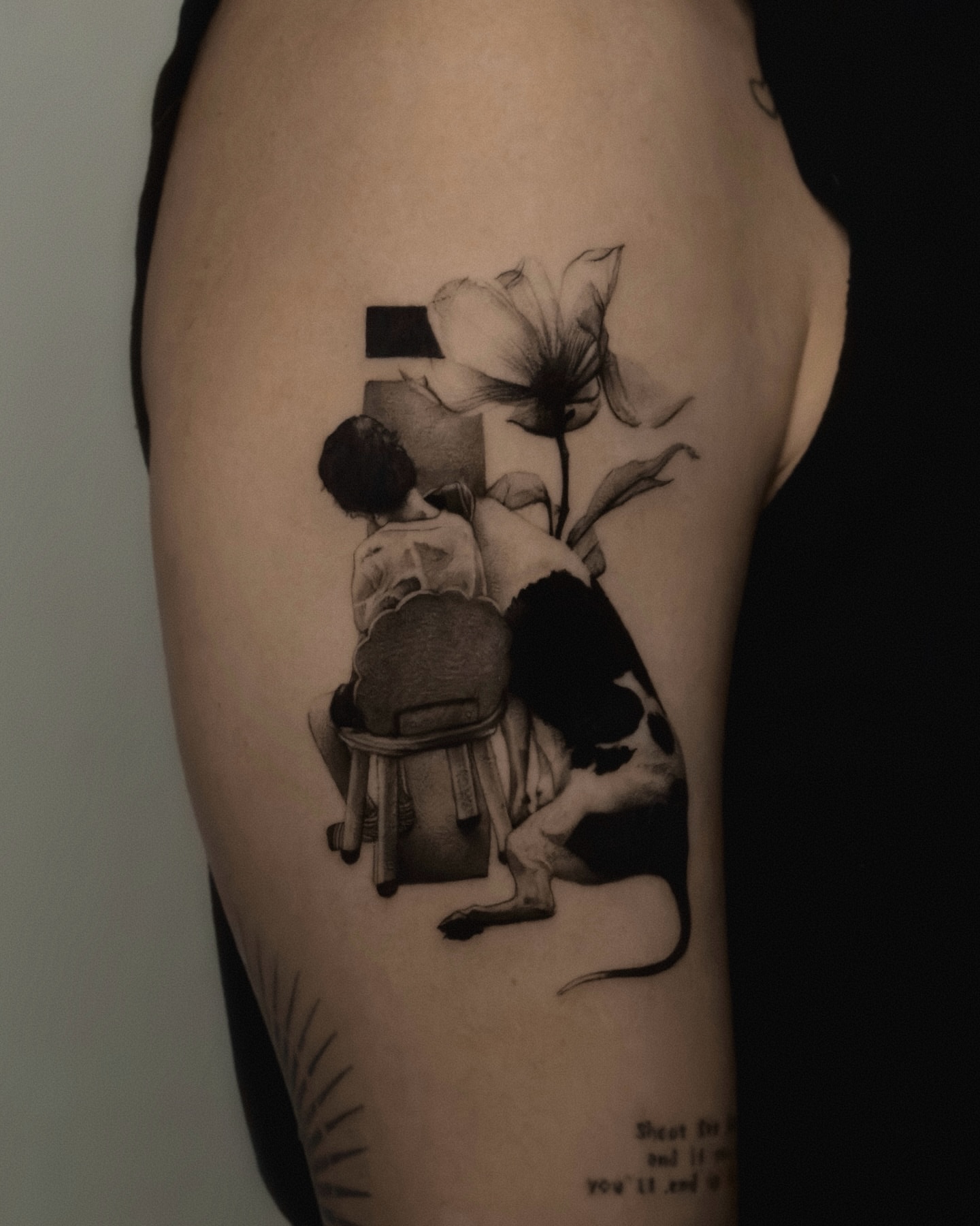 Schoolgirl with backpack realism tattoo on the forearm by Henko