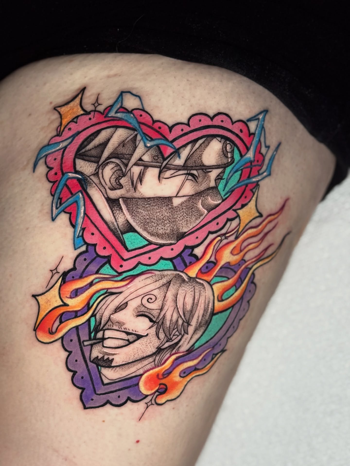 Heart with faces new school tattoo on the thigh by ⓒⓨⓡⓤⓢ