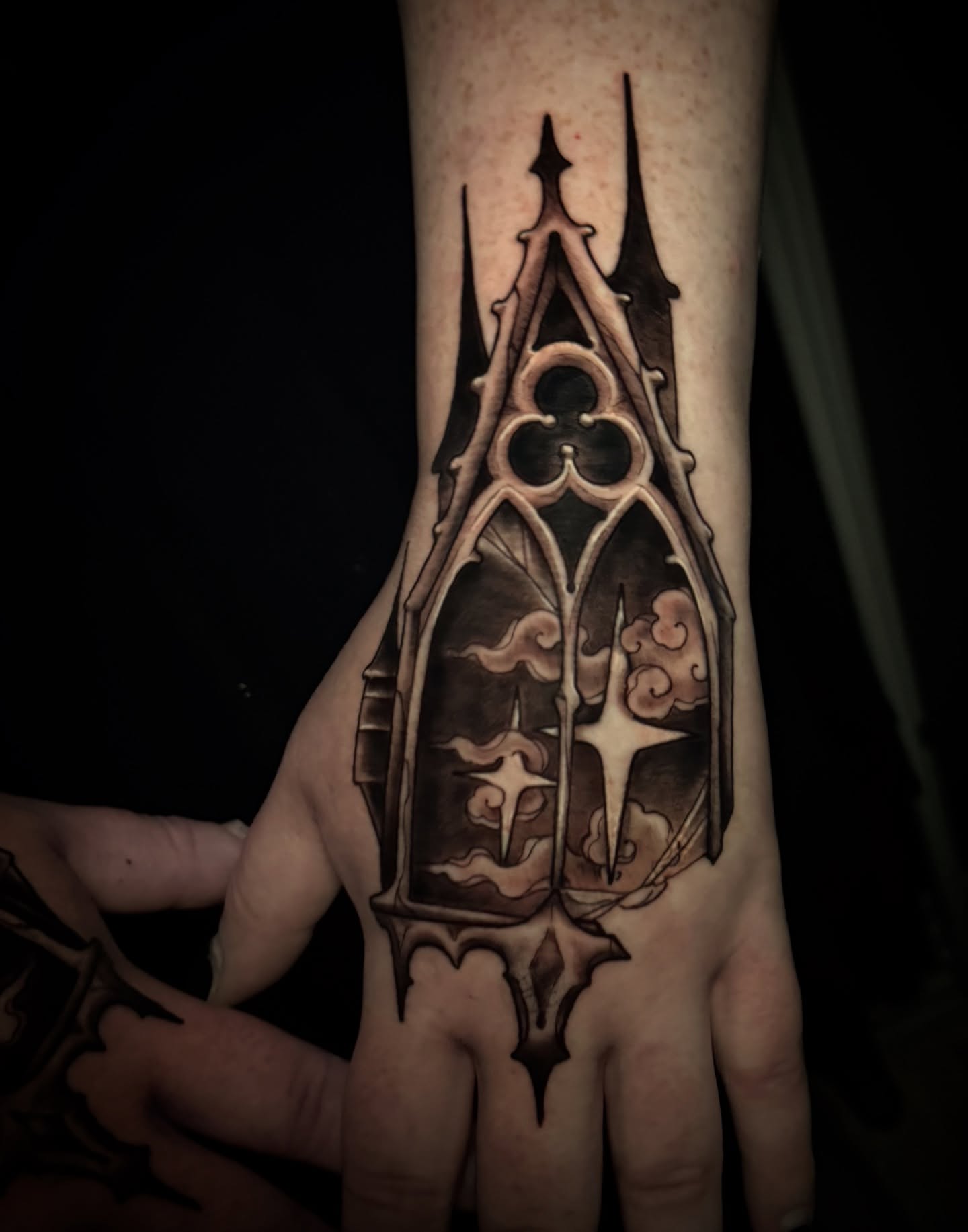 Gothic cathedral black and grey tattoo on the hand by M A D I E I N S P A N I E R π¦ tattoos