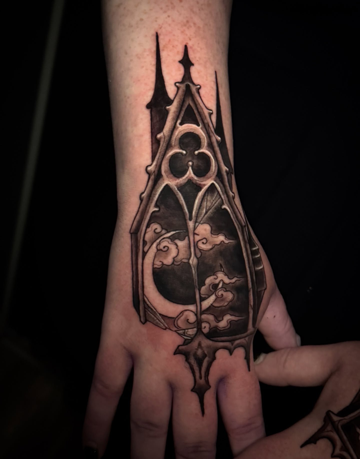 Gothic cathedral geometric tattoo on the hand by M A D I E I N S P A N I E R π¦ tattoos