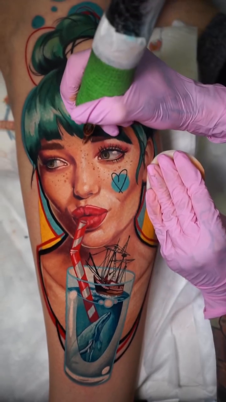 Woman with drink realism tattoo by Daria Pirojenko