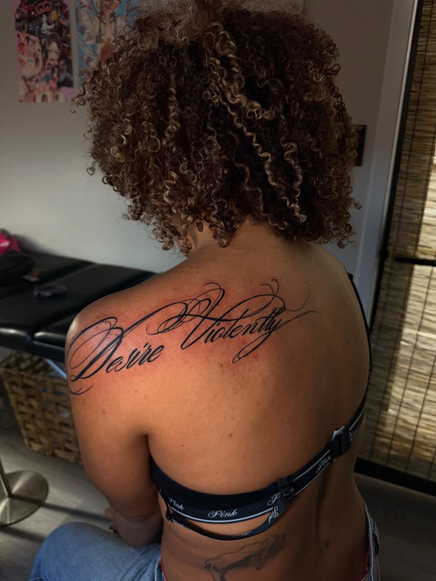 Desire Violently lettering script tattoo on the shoulder by sanjai