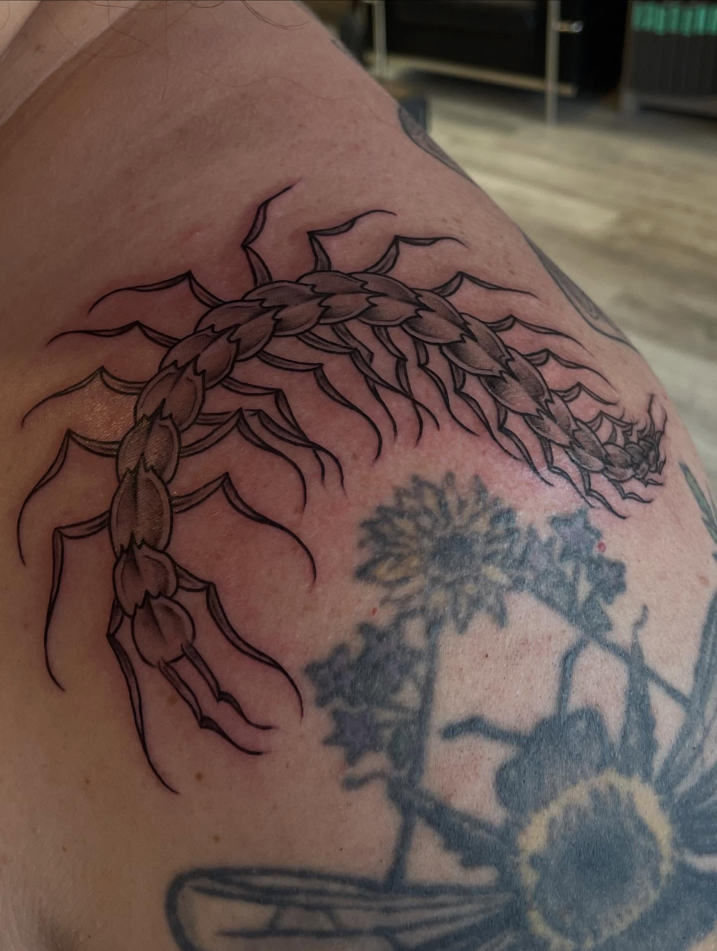 Centipede black and grey tattoo on the shoulder by Stevie Timmreck, Utica, Michigan