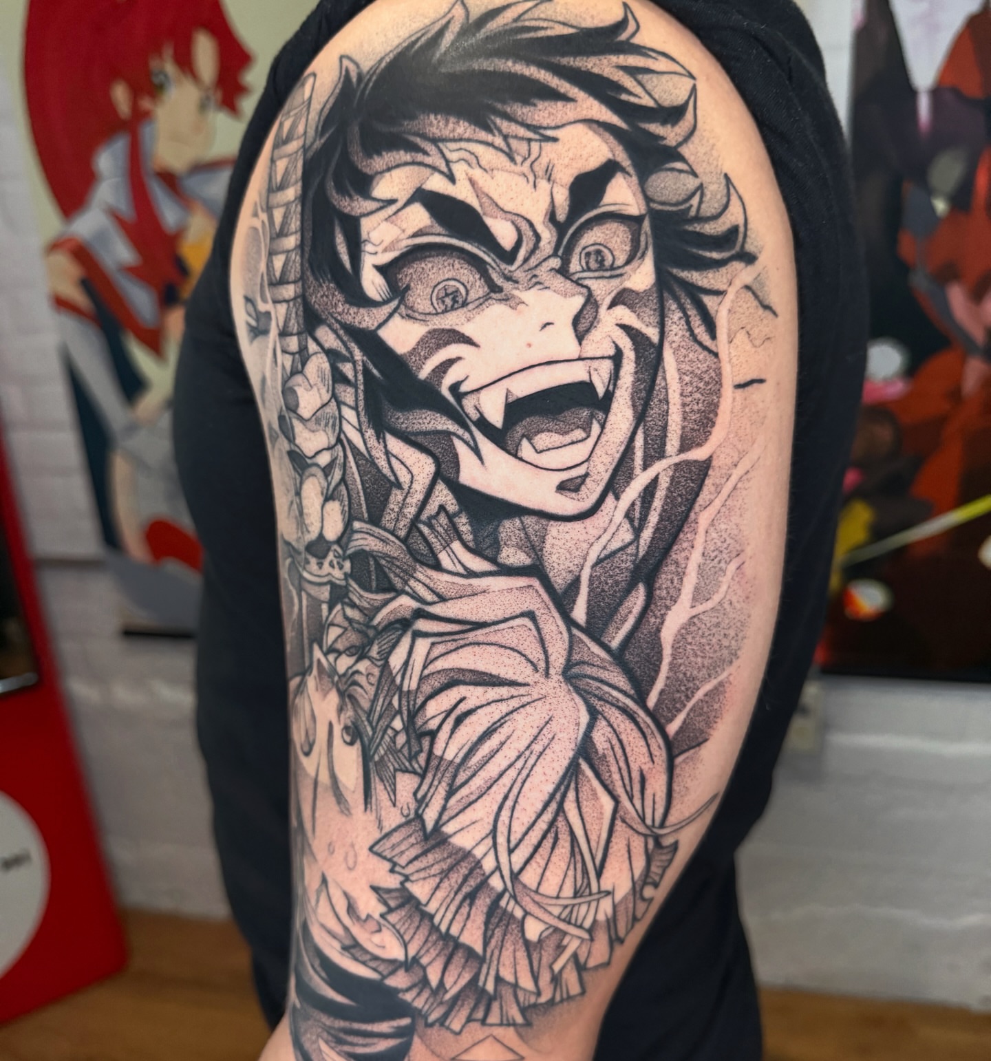 Demon dotwork tattoo on the upper arm by Z, Greenville, South Carolina