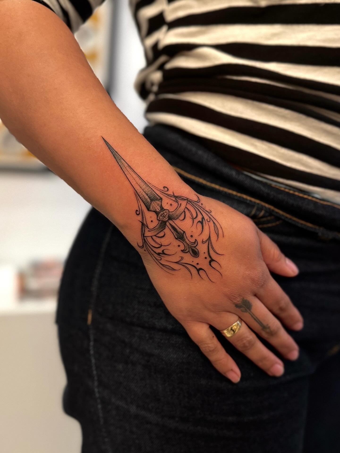 Cross with floral ornamentation black and grey tattoo on the forearm by MISO ⟡ Bay Area Tattoo Artist
