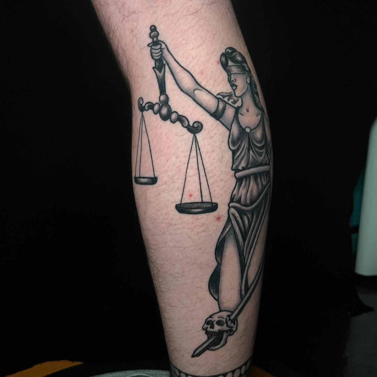 Scale of justice black and grey tattoo on the forearm by CJ Ligocki - Ferndale Detroit Michigan Tattoo, Ferndale, Michigan