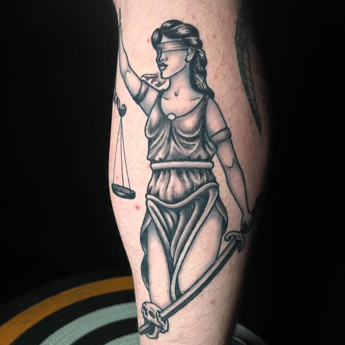 Lady Justice black and grey tattoo on the forearm by CJ Ligocki - Ferndale Detroit Michigan Tattoo, Ferndale, Michigan