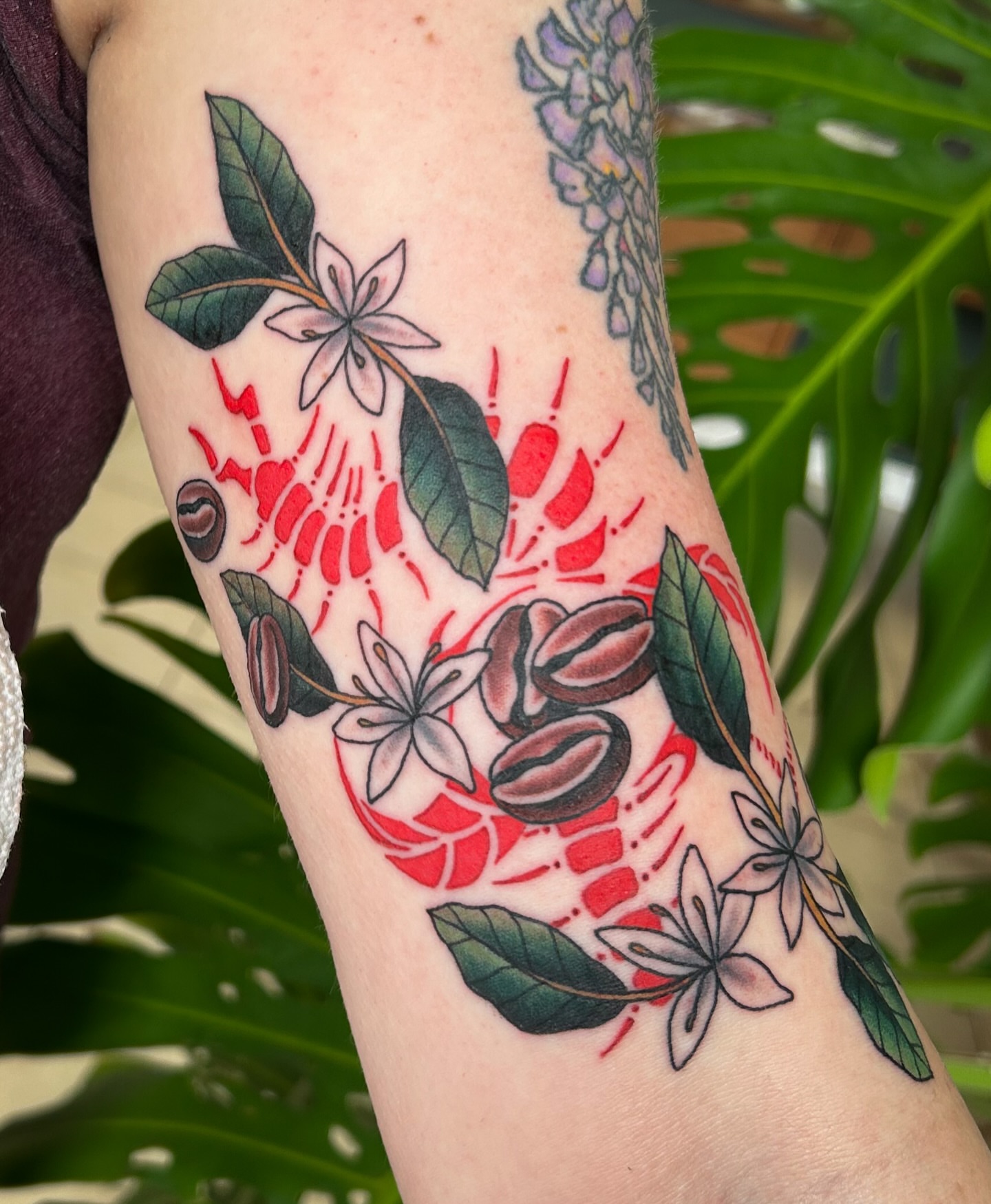 Coffee beans and flowers new school tattoo on the forearm by Jessica Oram Brockman, Dayton, Ohio