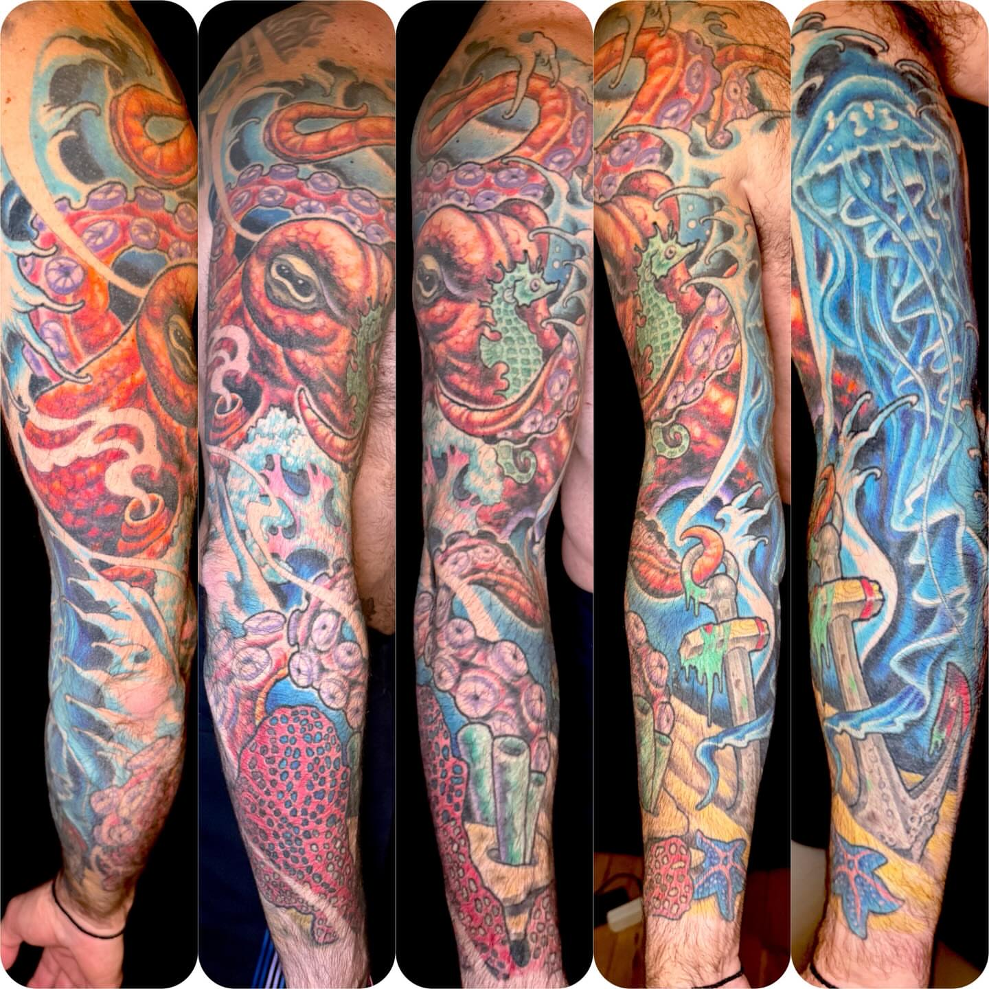 Octopus and jellyfish American traditional tattoo on the forearm by Patrick Cornolo