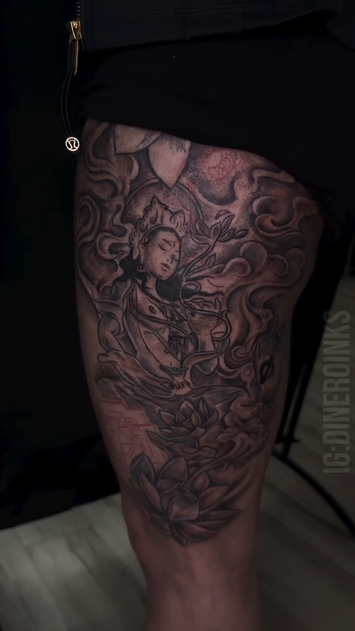 Geisha with lotus flowers japanese irezumi tattoo by Dinero Inks