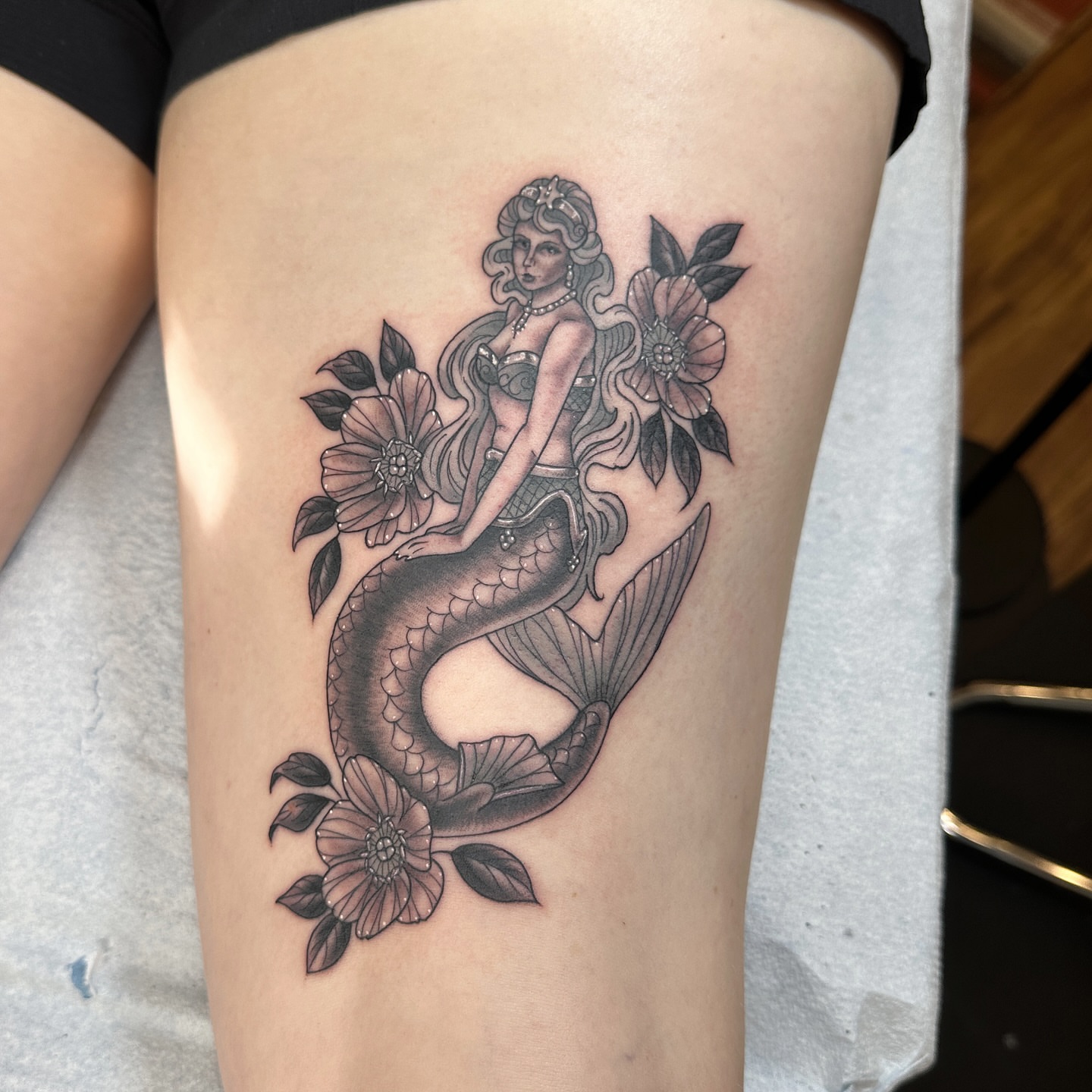 Mermaid realism tattoo on the thigh by Tattooing by Patty Valentine