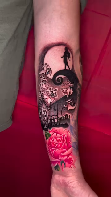 Nightmare Before Christmas scene with rose dark realism tattoo by Jayb, Passaic, New Jersey