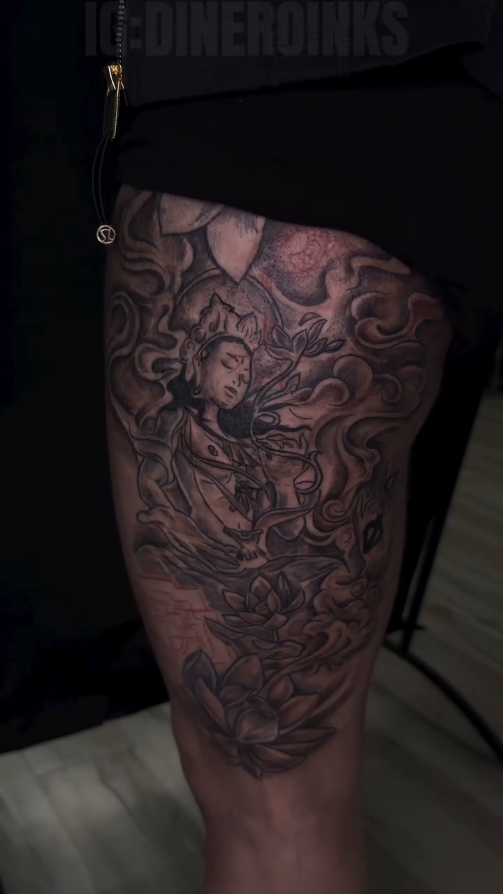 Woman with dragon and lotus flowers japanese irezumi tattoo by Dinero Inks