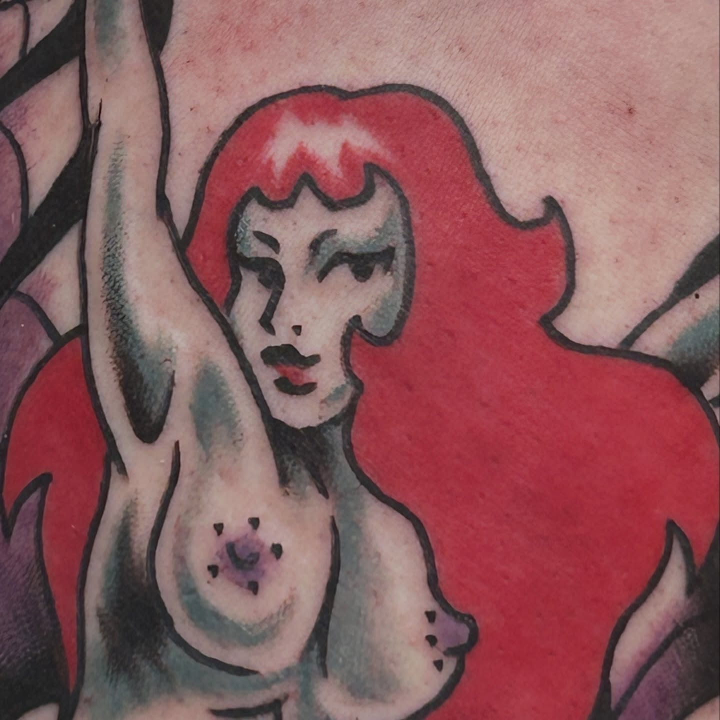 Woman with red hair American traditional tattoo on the chest by キノ 🦊