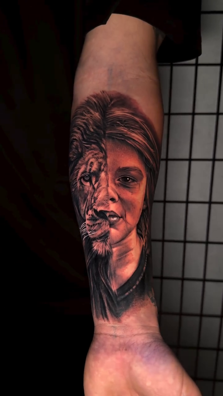Woman and lion portrait realism tattoo by Anthony Ramirez