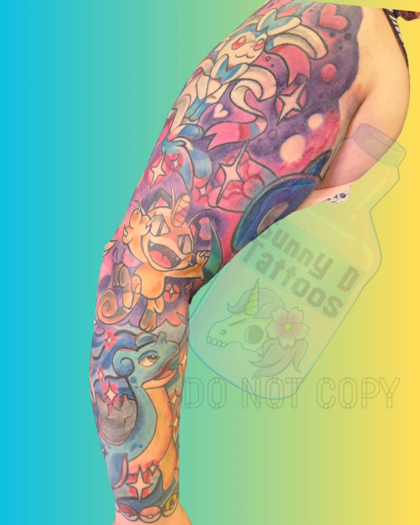 Pokémon characters watercolor tattoo on the forearm by Sonia Mercedes Dupuis