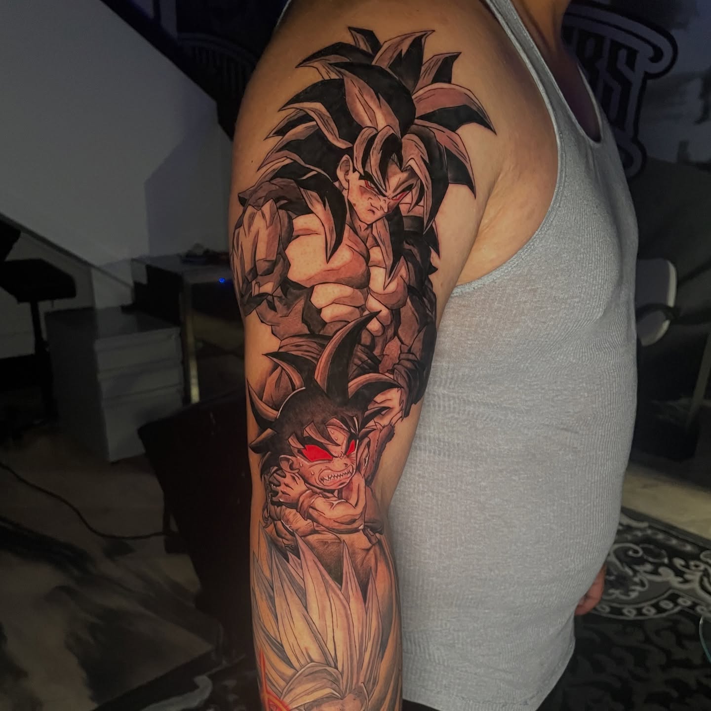 Dragon ball characters anime tattoo on the upper arm by Noriega Josué