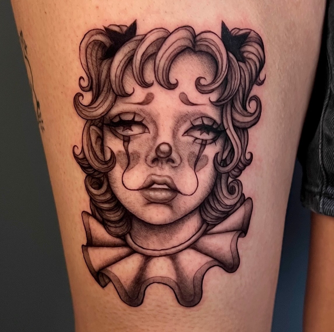 Child's face realism tattoo on the thigh by ☆ Kelly ☆