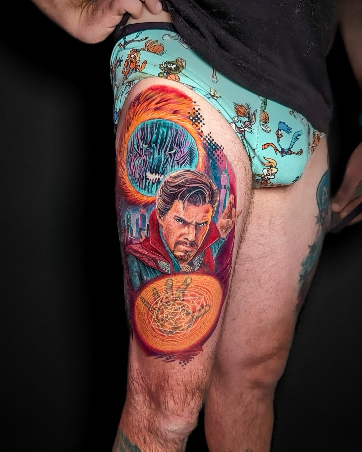 Doctor strange realism tattoo on the thigh by Amy Zager