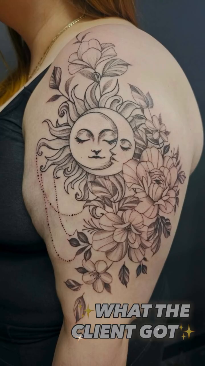 Sun and floral tattoo sketch tattoo on the back by Mac Obaob
