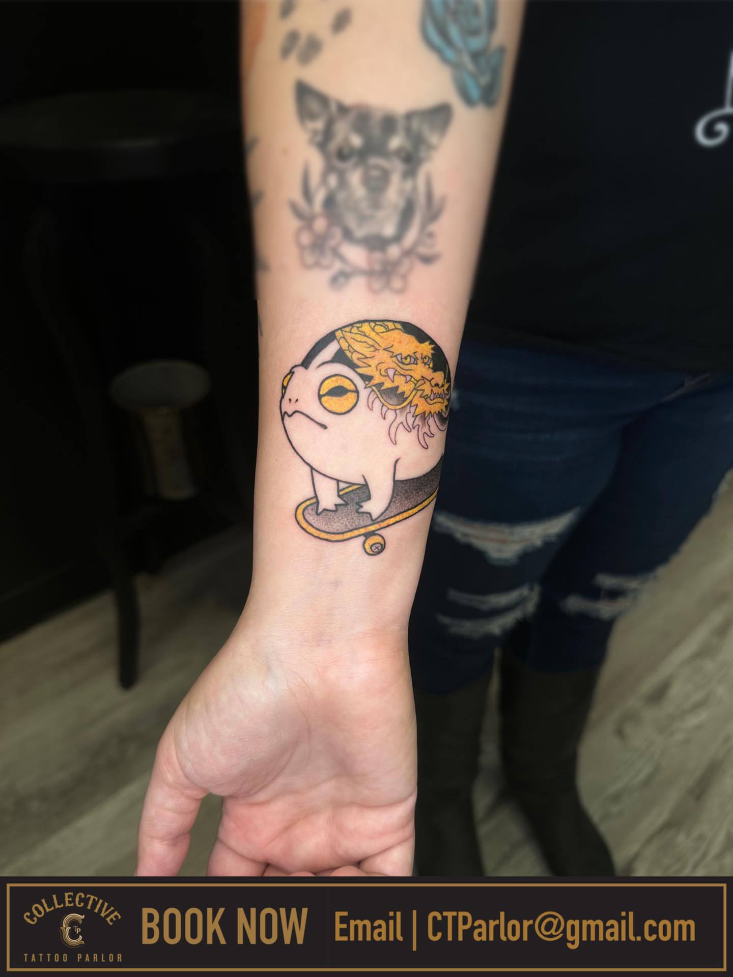 Cat on skateboard new school tattoo on the forearm by Las Vegas Tattoo Artist π€ Nani