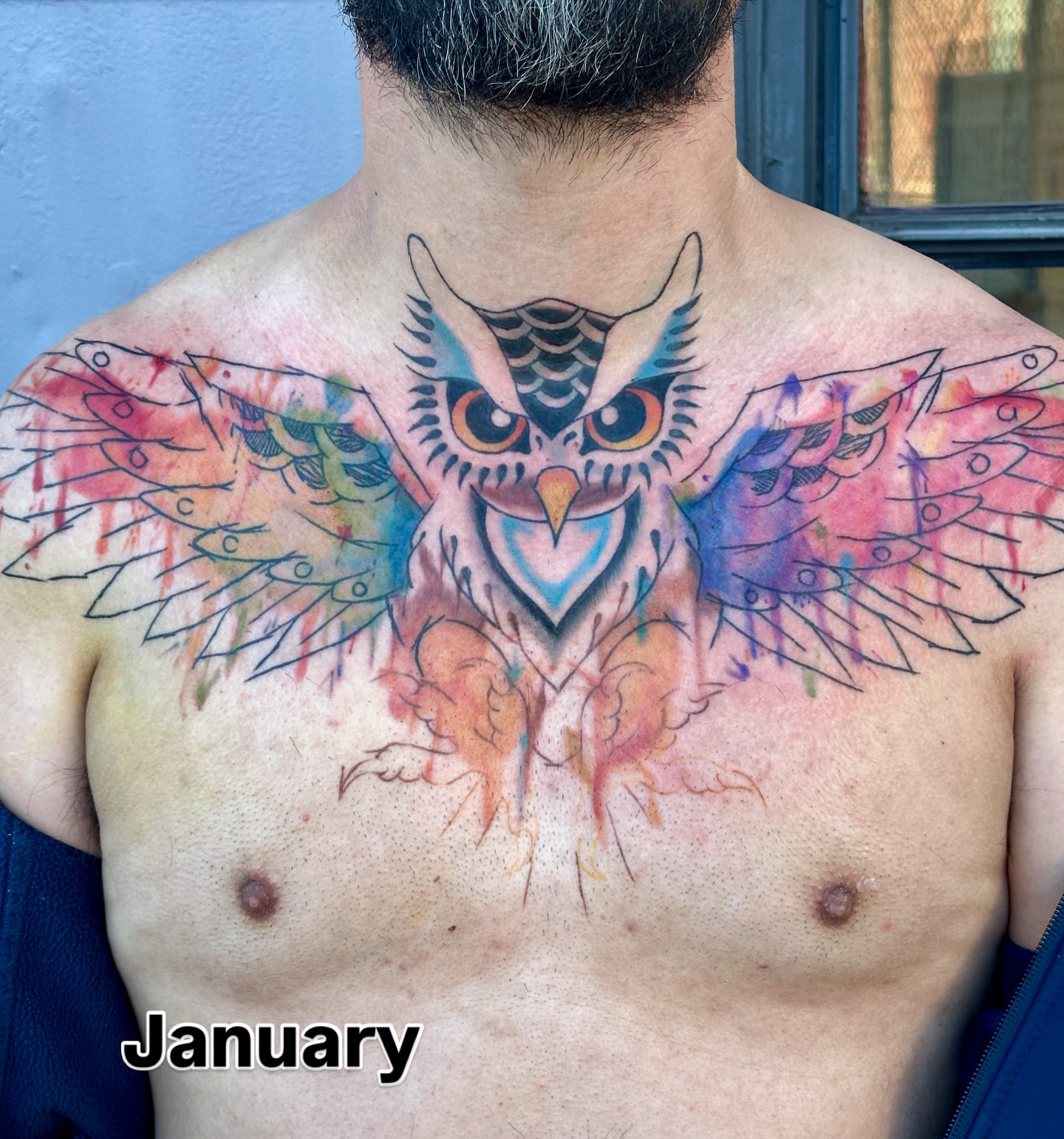 Owl watercolor tattoo on the chest by julian solis, Houston, Texas