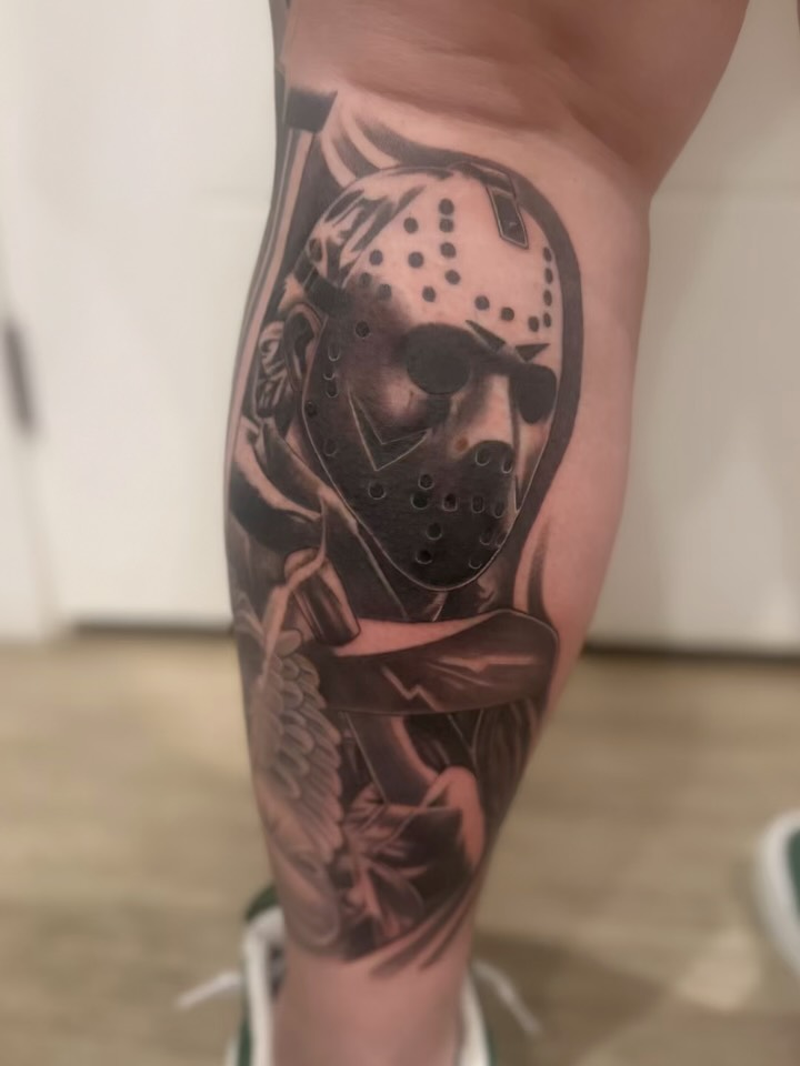 Jason voorhees realism tattoo on the forearm by Bree Quirino