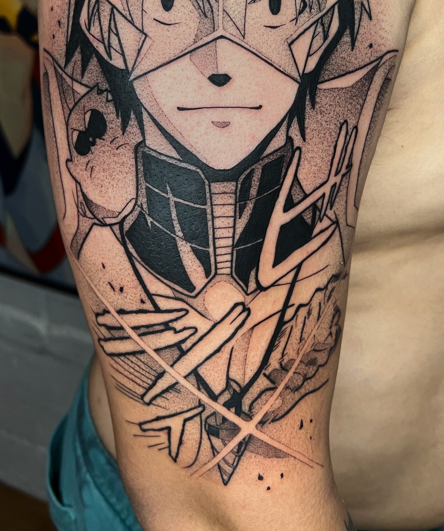 Anime character dotwork tattoo on the forearm by Z, Greenville, South Carolina
