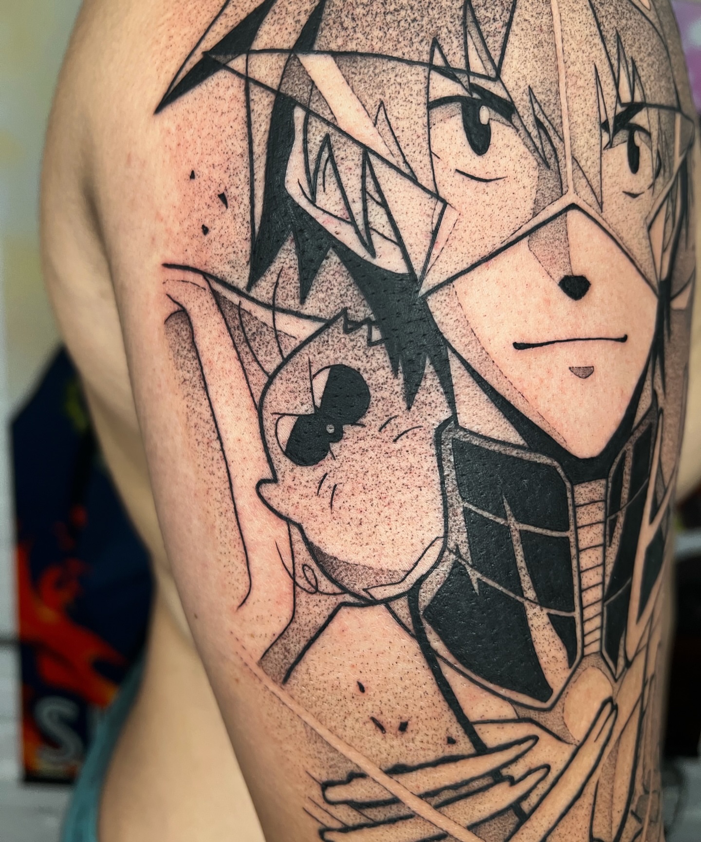 Anime characters dotwork tattoo on the forearm by Z, Greenville, South Carolina