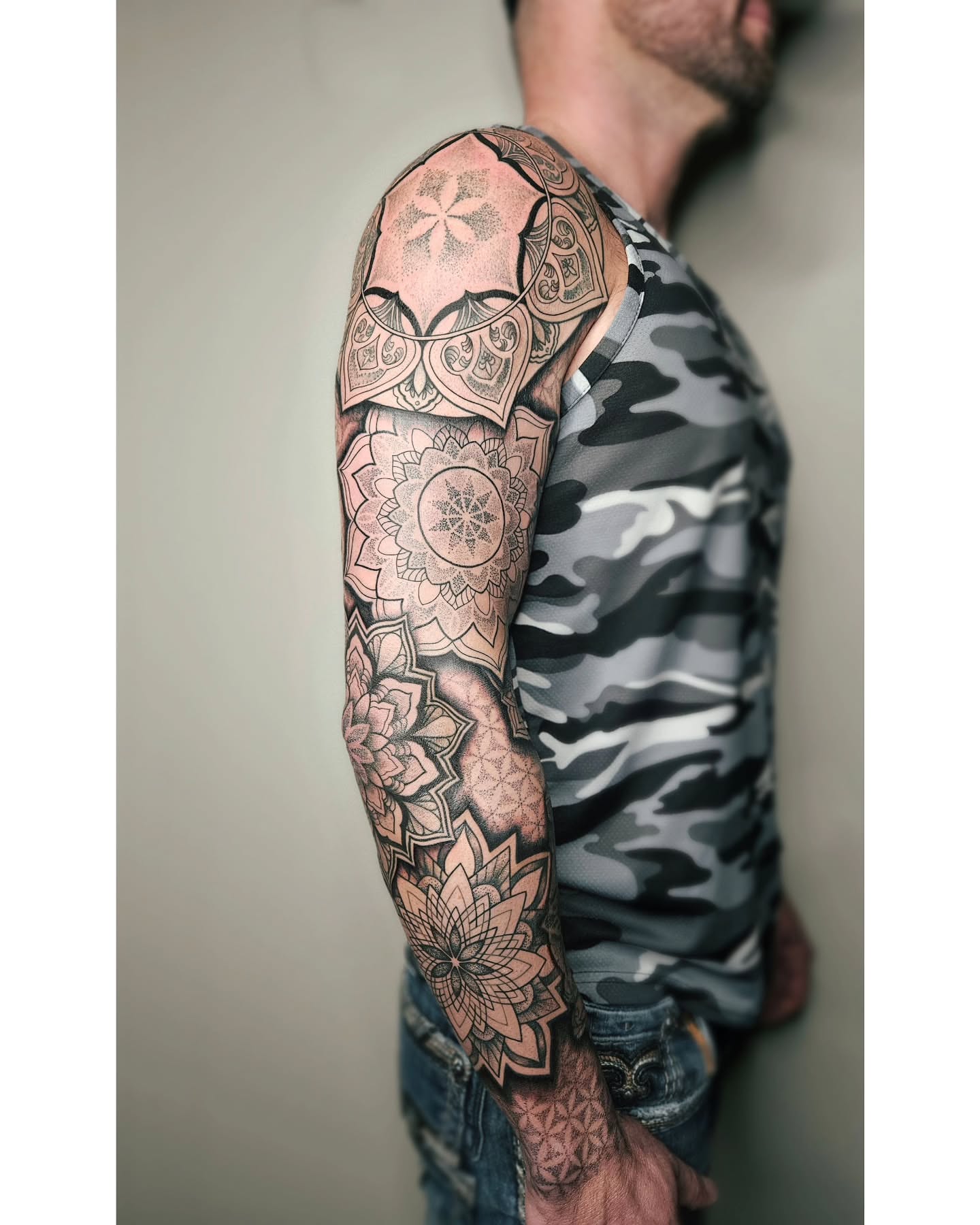 Mandala geometric tattoo on the upper arm by TaylorLeighShermanTattoos OFFICIAL