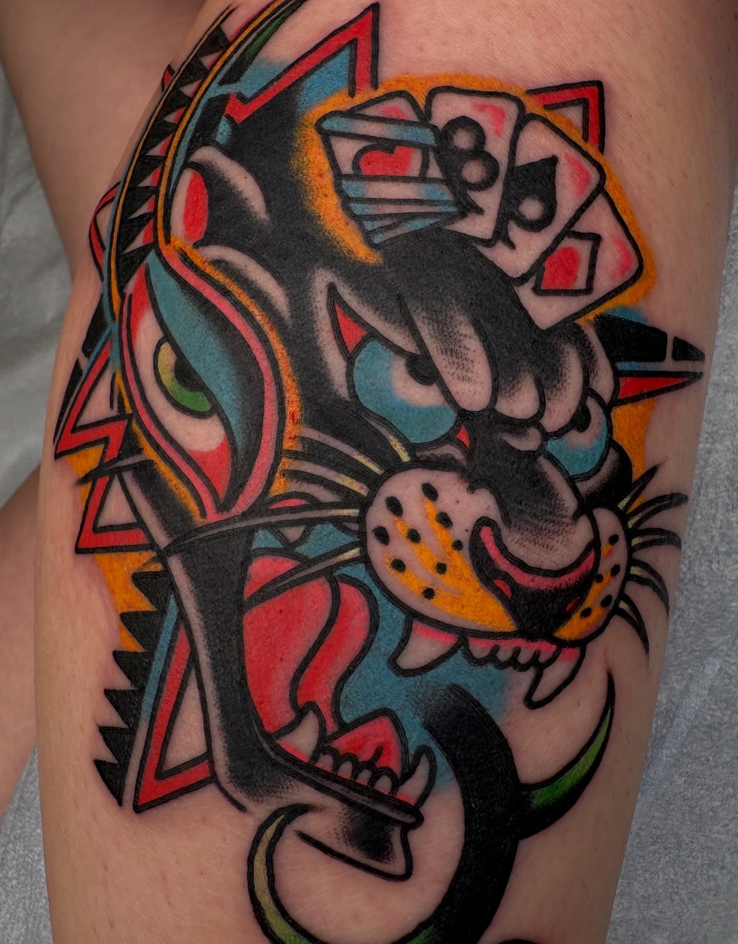 Panther American traditional tattoo on the thigh by Dallas Tattoo Artist