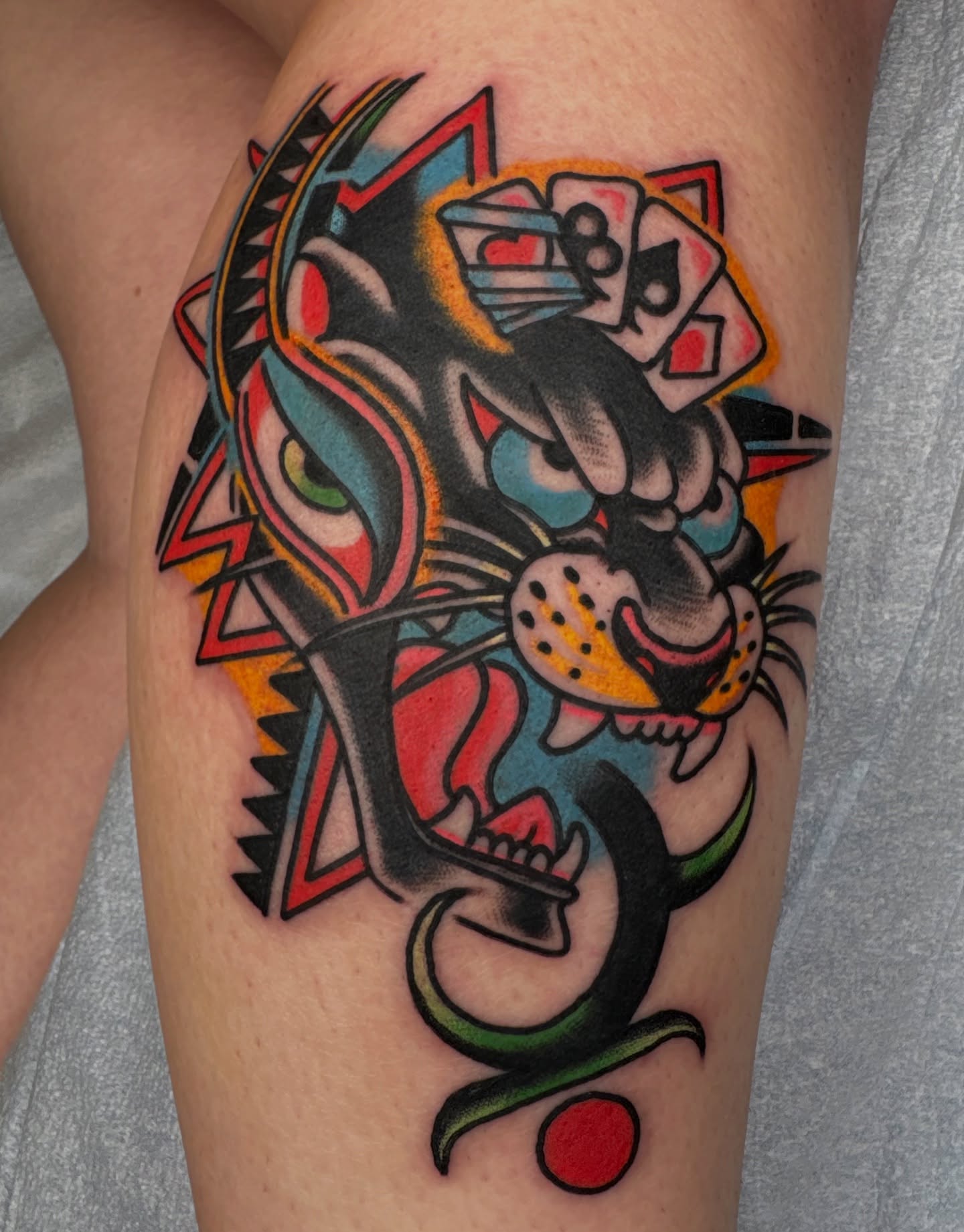 Panther American traditional tattoo on the thigh by Dallas Tattoo Artist