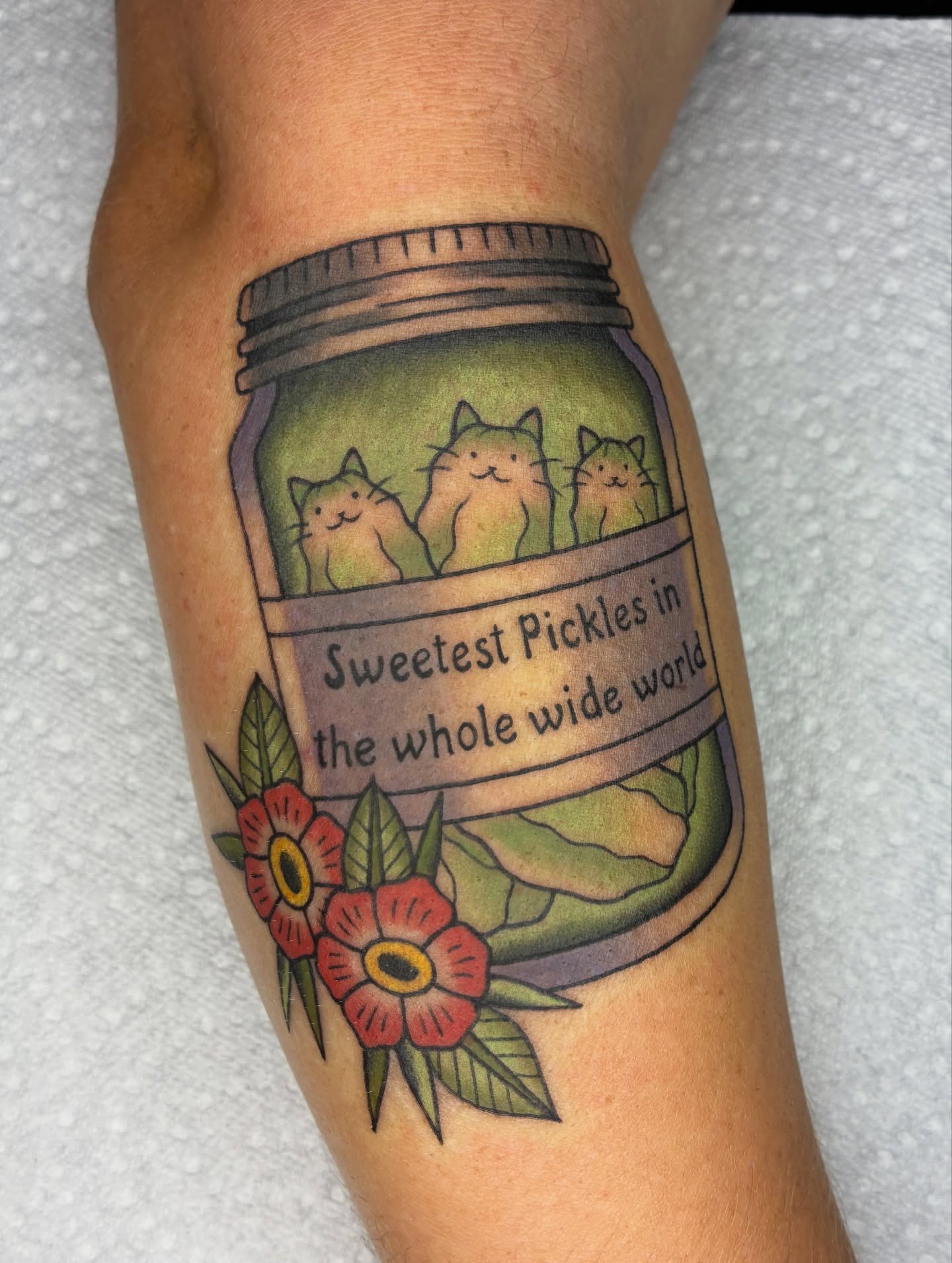 Pickles in jar American traditional tattoo on the forearm by Lance 🦈
