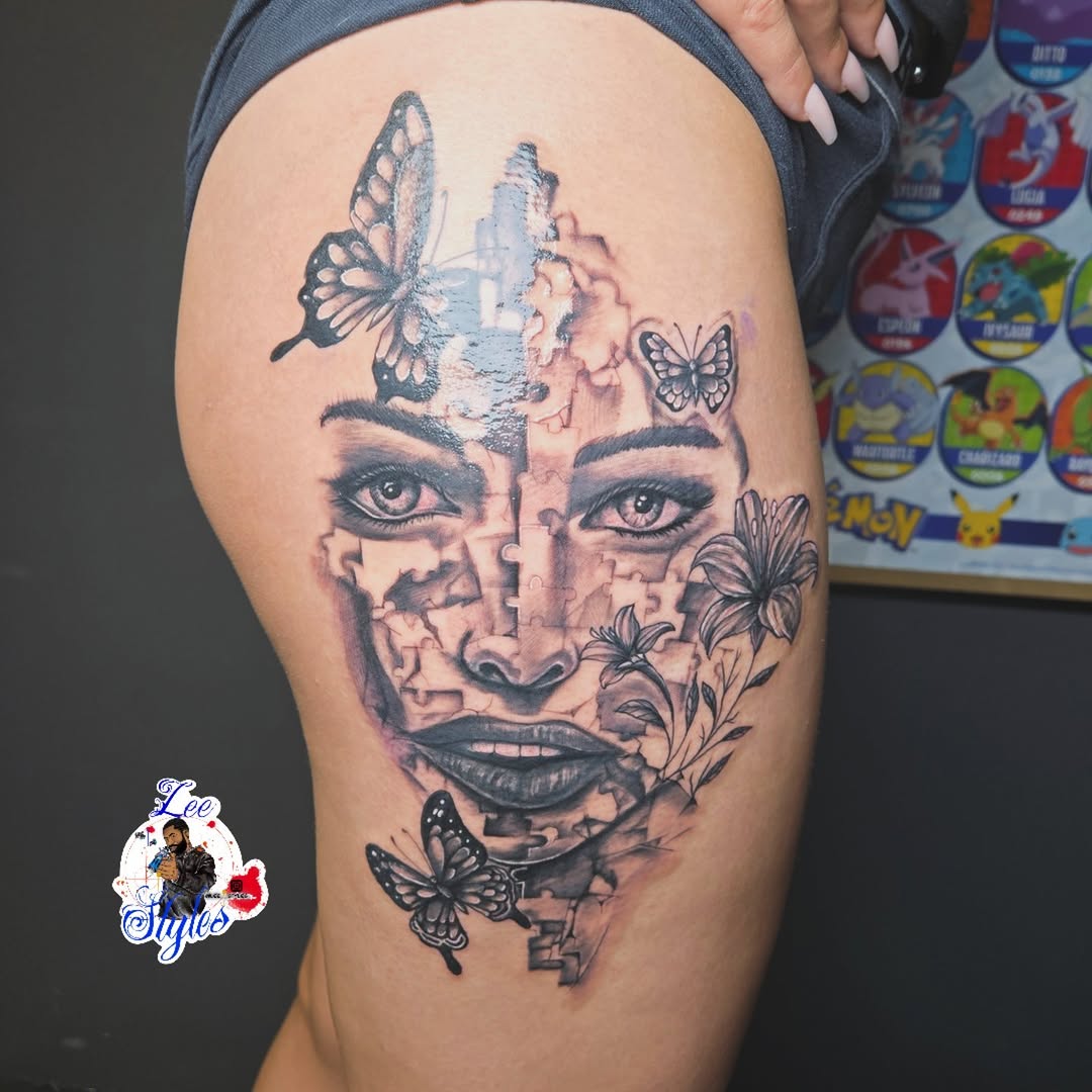Face and puzzle pieces sketch tattoo on the thigh by Lee Styles π¨