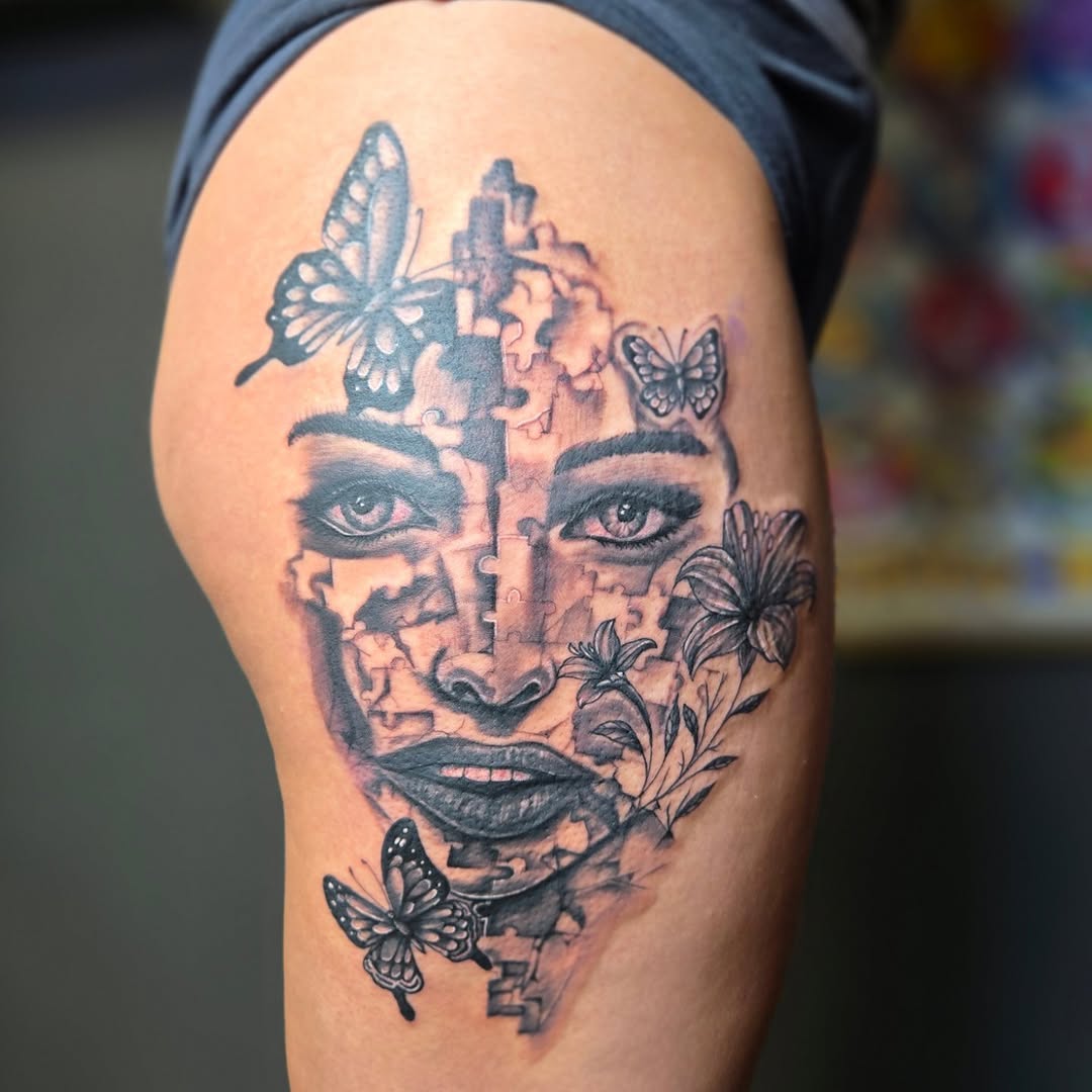 Face with butterflies and flowers sketch tattoo on the thigh by Lee Styles π¨