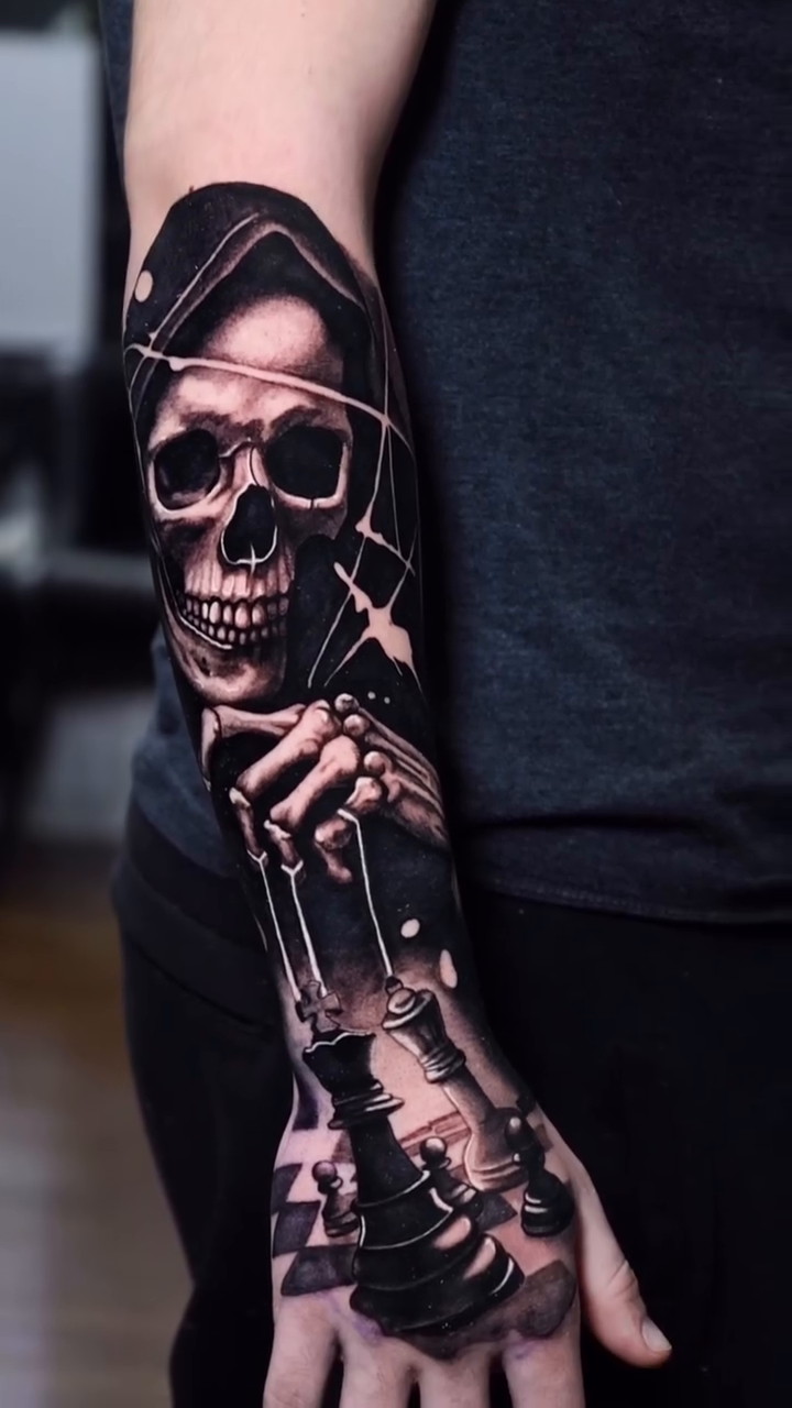 Grim Reaper holding a lantern dark art tattoo on the forearm by caleb coley