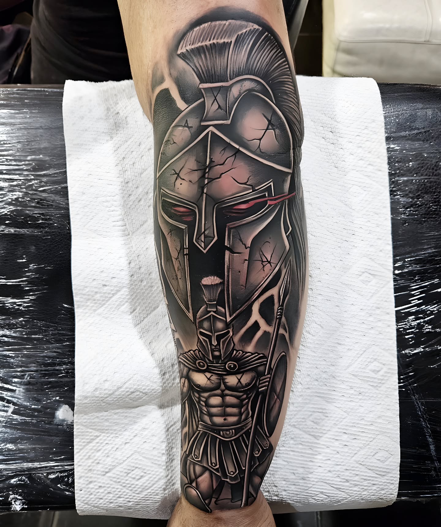 Spartan warrior helmet realism tattoo on the forearm by "El Jose" Tattoo