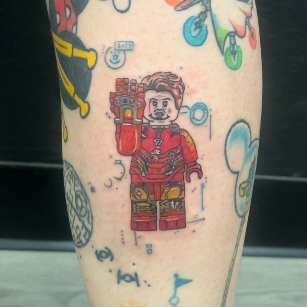 Iron Man LEGO minifigure new school tattoo on the forearm by LooSid
