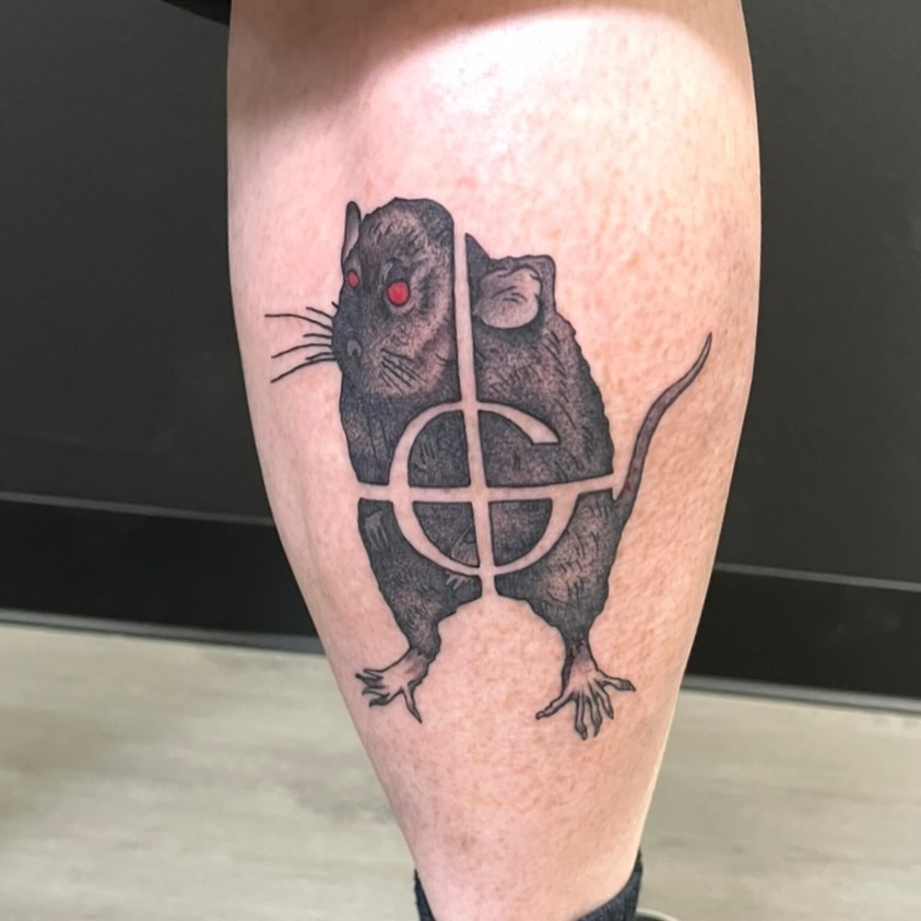 Mouse with symbol black and grey tattoo on the thigh by LooSid