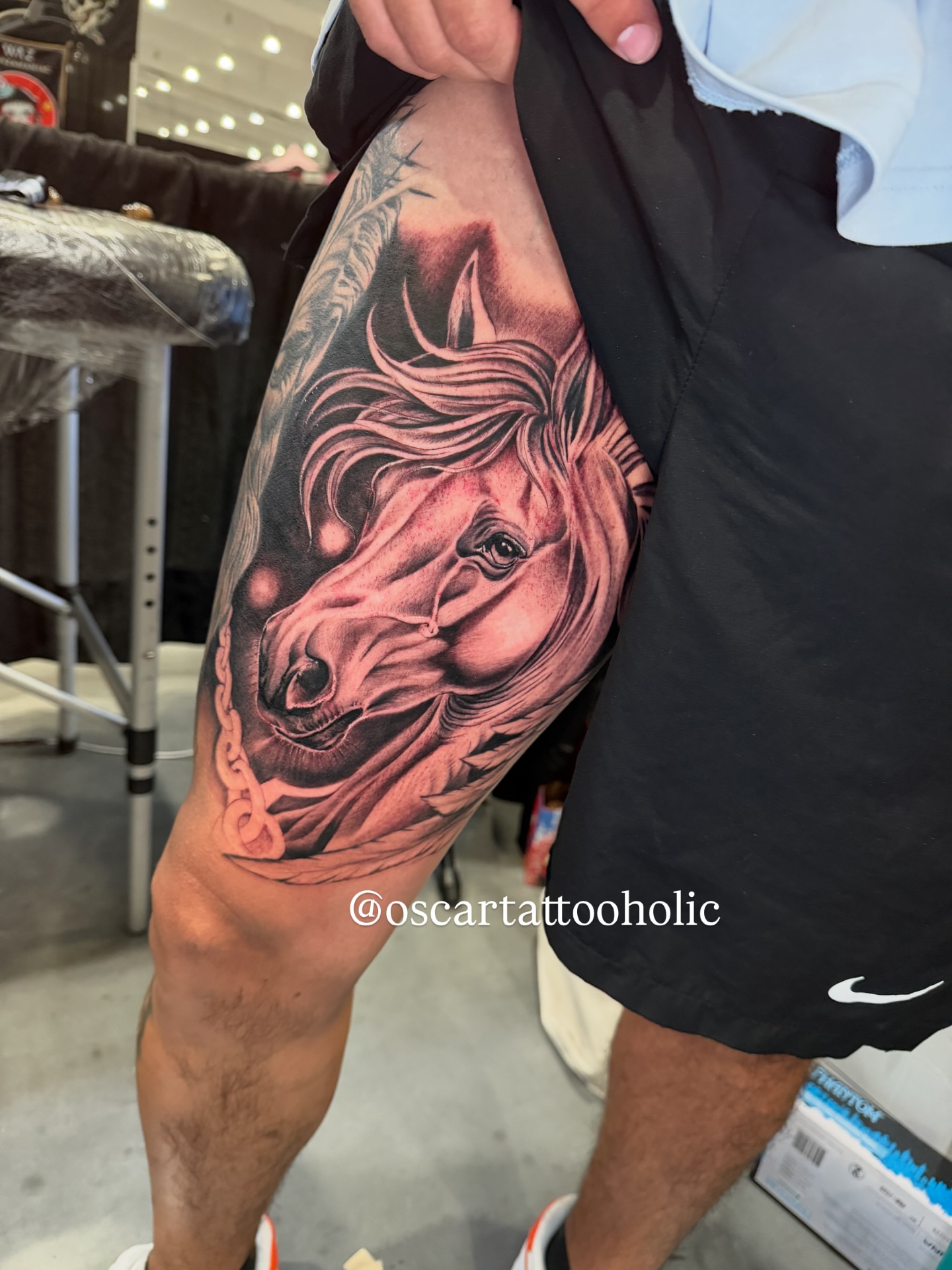 Horse head realism tattoo on the thigh by Oscar Tattooholic ( REALISM ANIME INK )